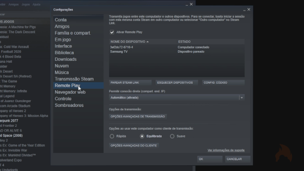 Configurações do Remote Play na Steam do PC