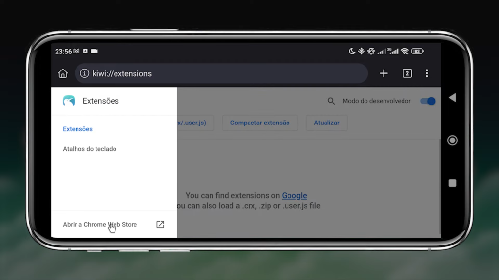 Clicando em Abrir Chrome Web Store no Kiwi Browser