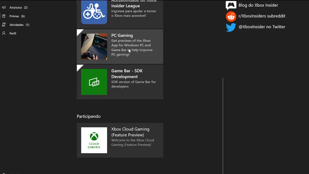 Habilitando as prévias do Xbox Insider