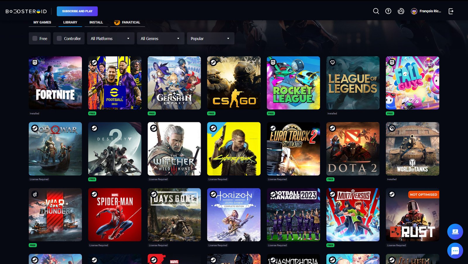 Boosteroid Steam Deck: catálogo de jogos e filtros presentes na interface geral do Boosteroid