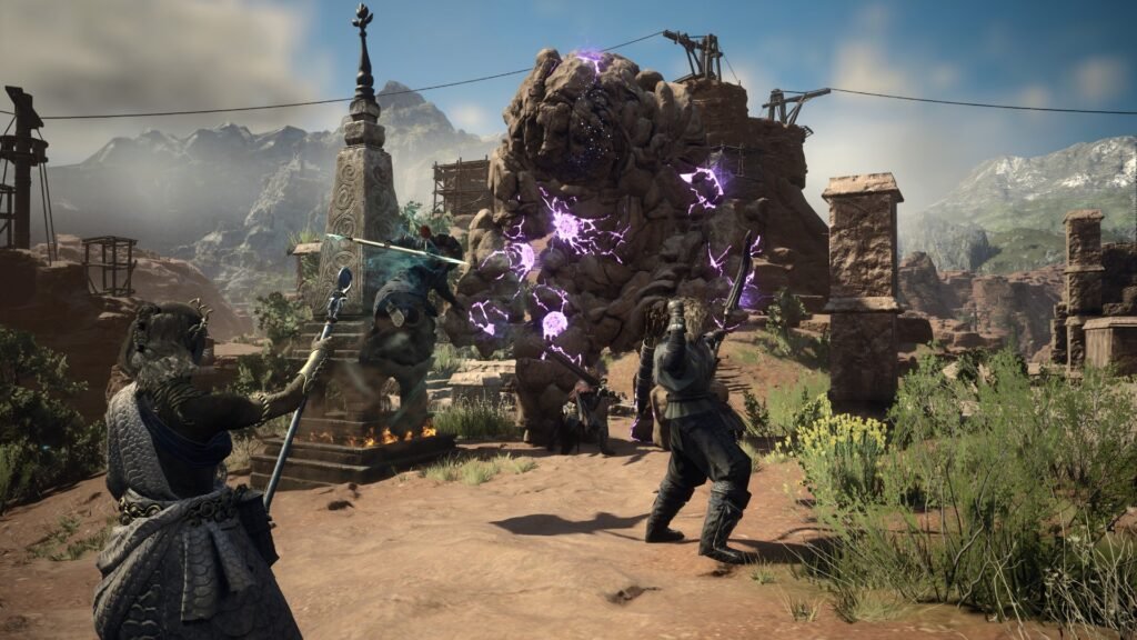 Aventureiros enfrentam um golem com efeitos roxos em Dragon's Dogma 2 Dark Arisen