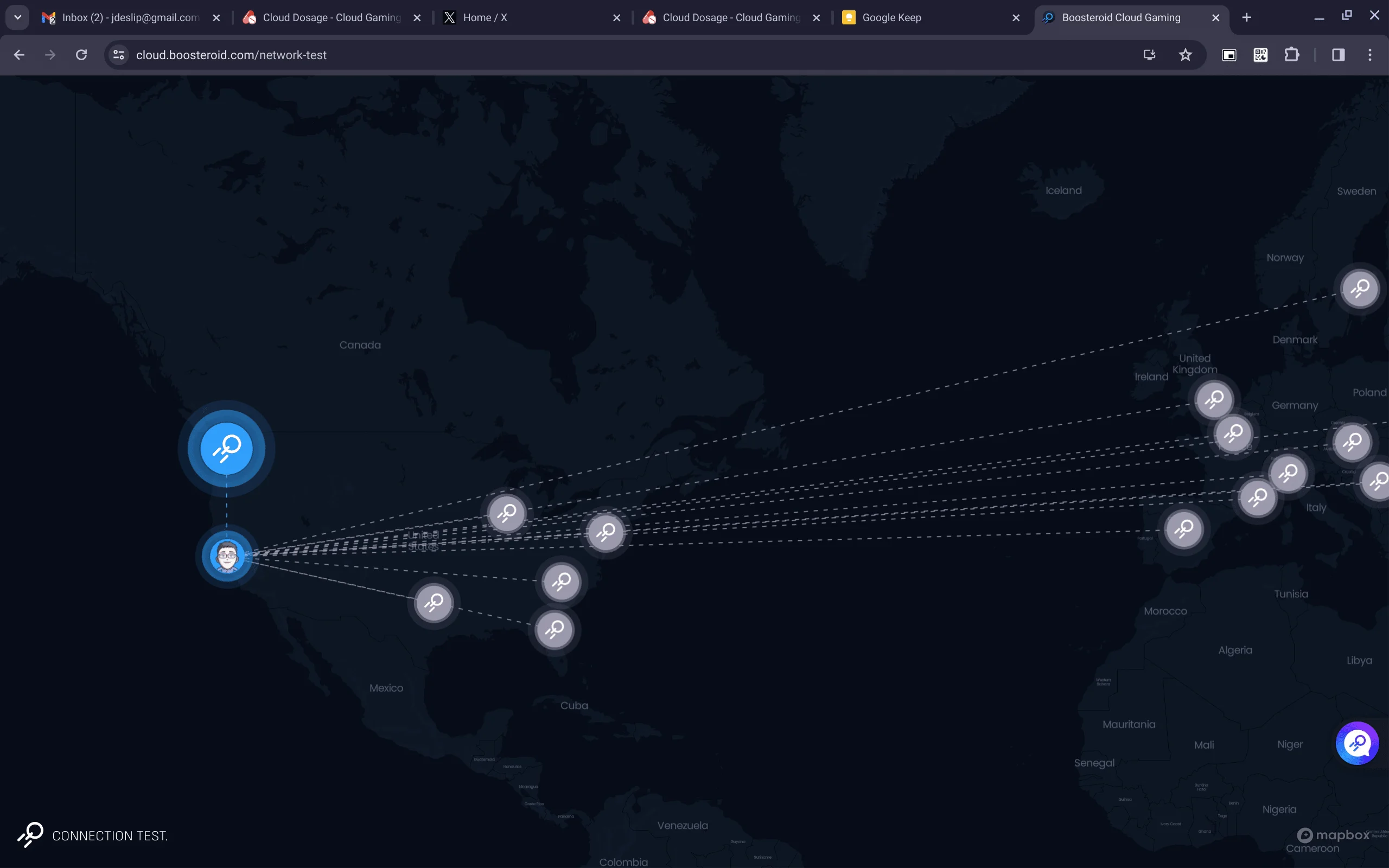 Mapa histórico da interface de teste de conexão Boosteroid, não representa novos datacenters