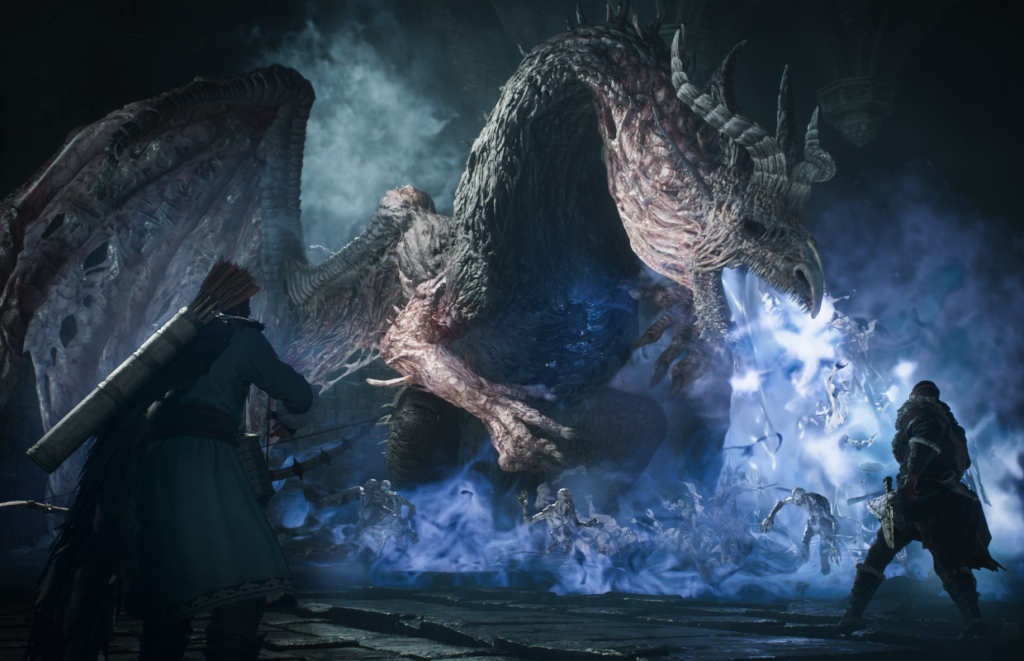 Dragão lança energia azul em batalha de Dragon's Dogma 2 Dark Arisen