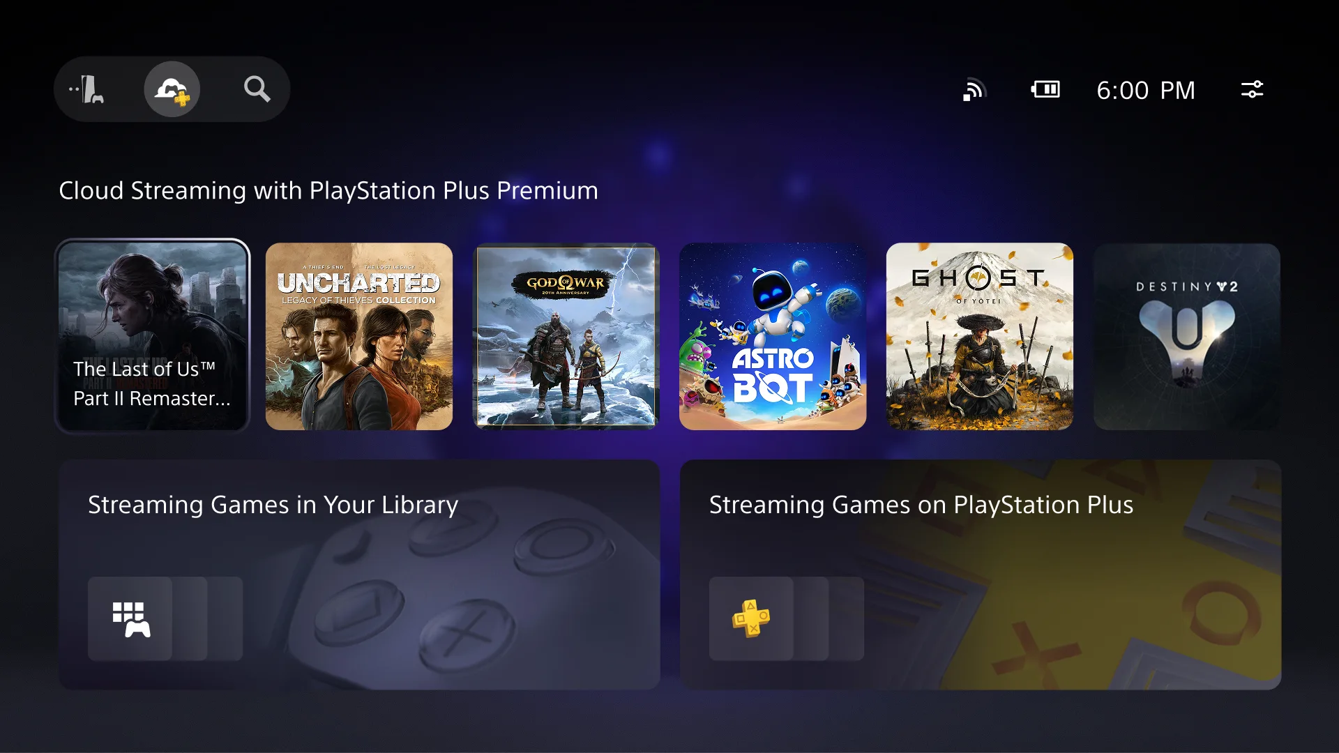 Tela oficial da aba Cloud Streaming na interface do PlayStation Portal