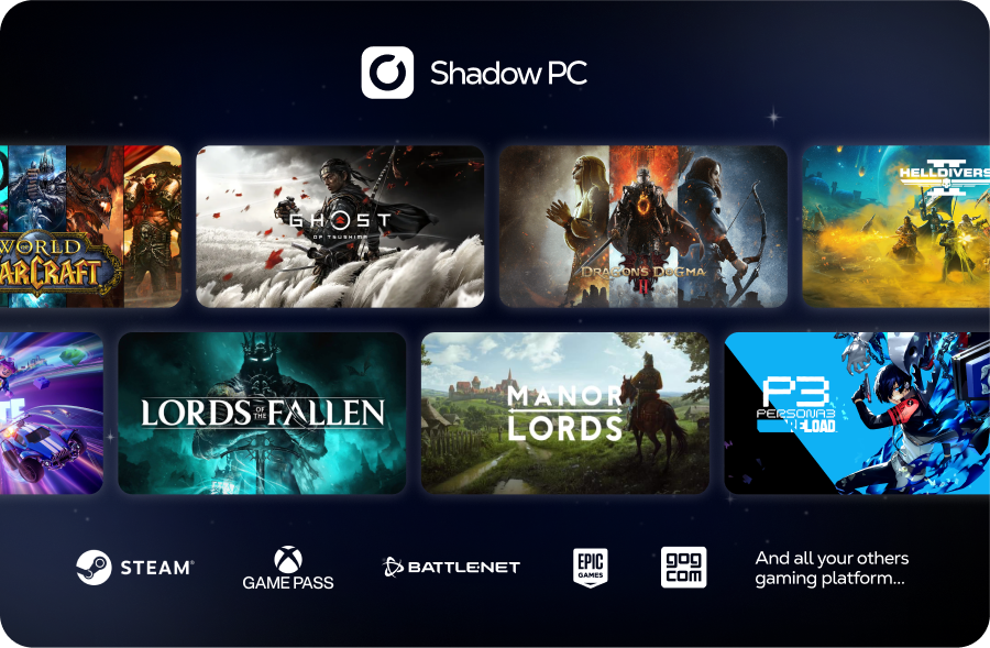 Representação promocional de lojas e games compatíveis com Shadow PC, não do incidente