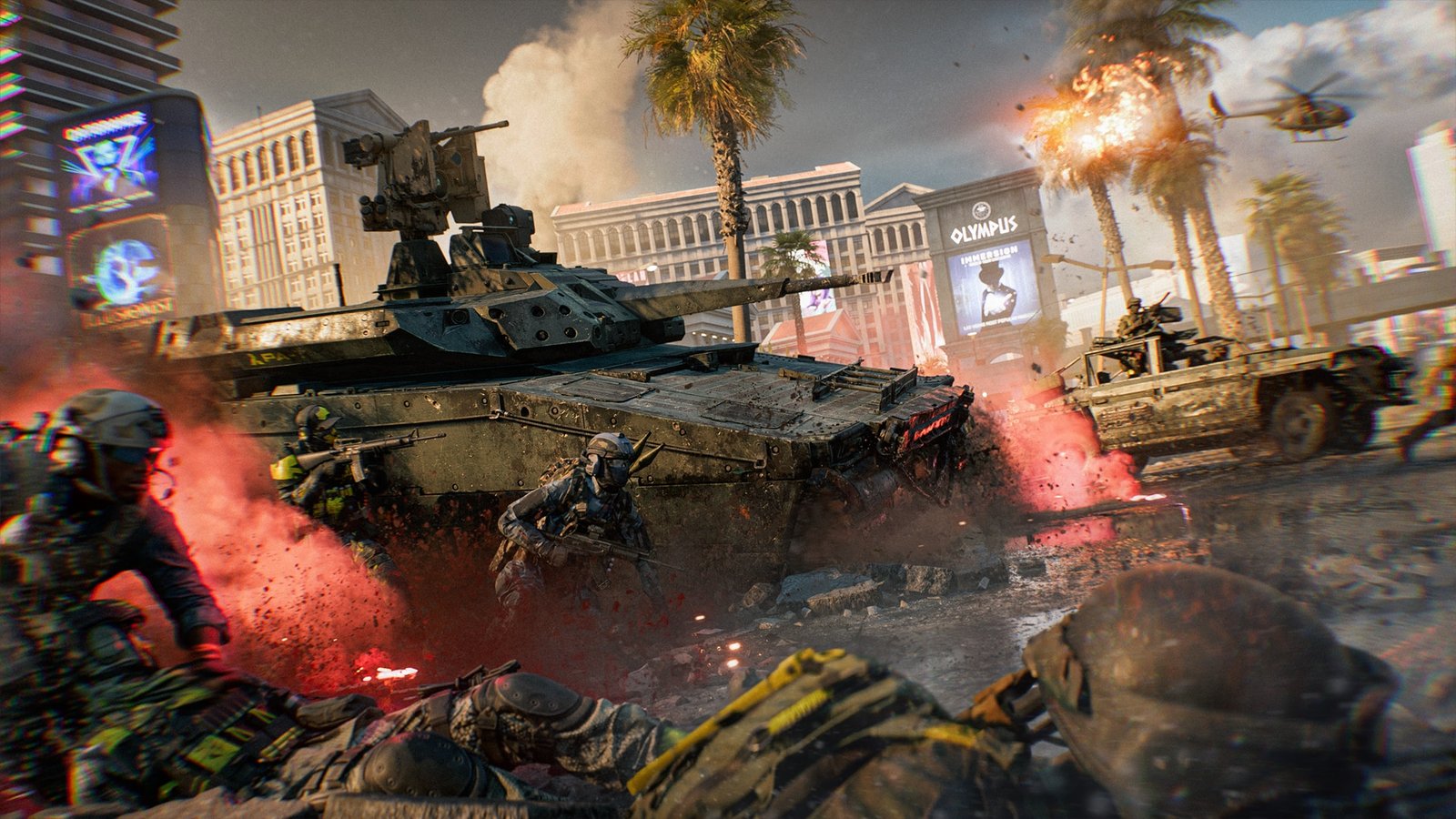 Battlefield 6 no EA Play: soldados, tanque e helicóptero em combate no mapa Vegas Strip da Temporada 5
