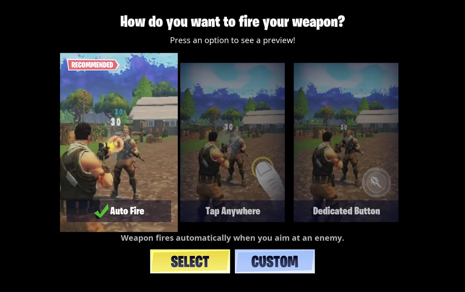 Modos de tiro do Fortnite mobile com comandos por toque