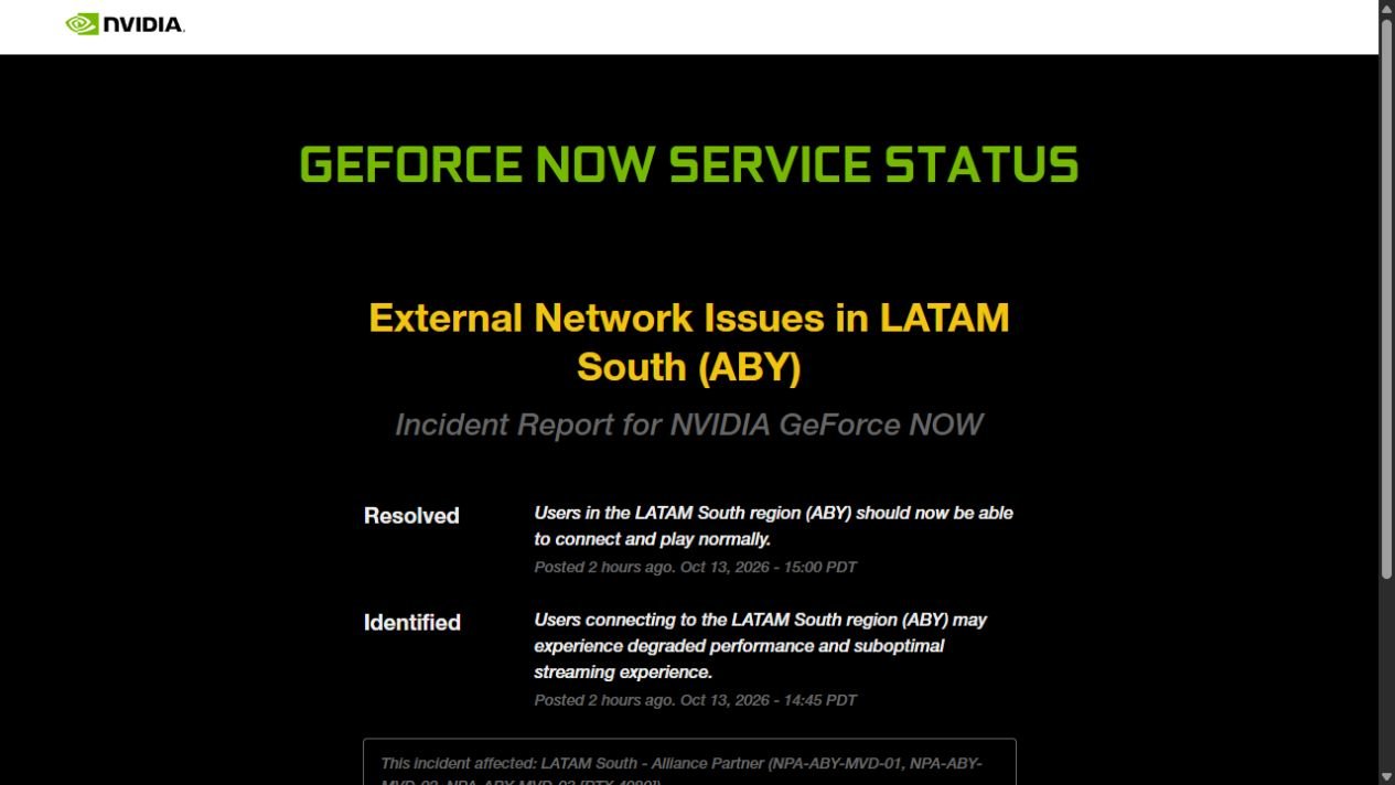 Leia mais sobre o artigo GeForce NOW encerra incidente de rede na LATAM South (ABY)